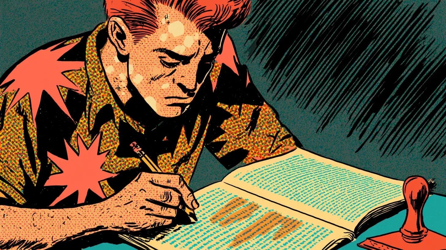 A reviewer pauses over one line on a page of otherwise immaculate text