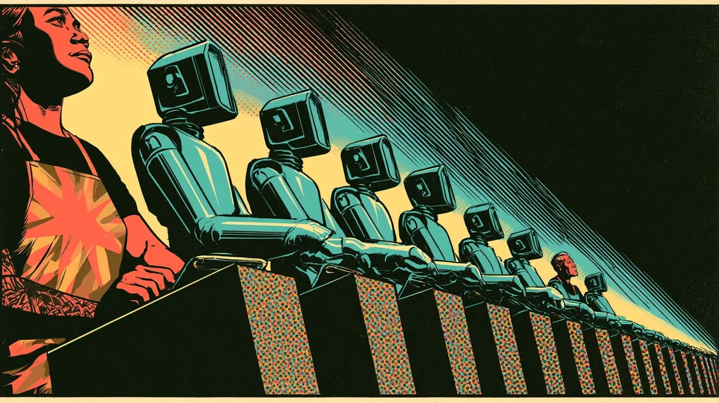 Two staffed stations lit among six robot stations on one production line